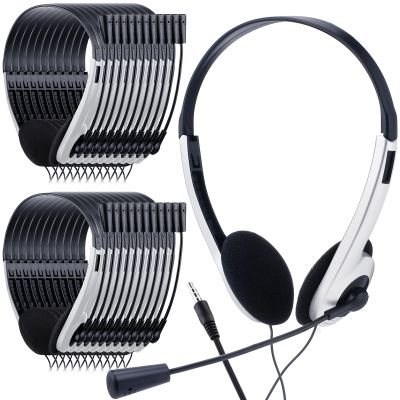 Yunsailing 30 Pack Classroom Headphones with Microphone School Student Headphones Bulk Class Set Lightweight Adjustable Earphones on Ear with 3.5 mm Jack(White,Plastic Stem)