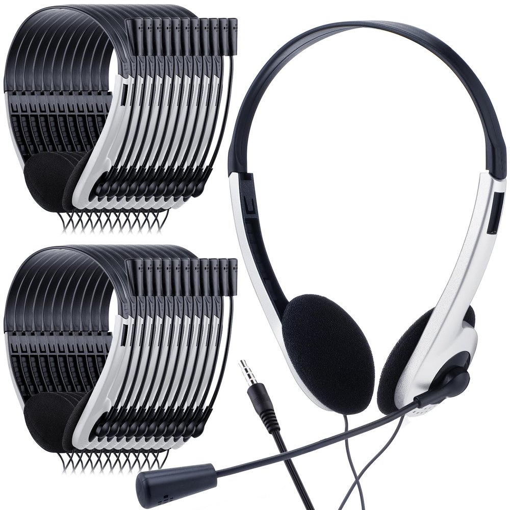 Yunsailing 30 Pack Classroom Headphones with Microphone School Student Headphones Bulk Class Set Lightweight Adjustable Earphones on Ear with 3.5 mm Jack(White,Plastic Stem)