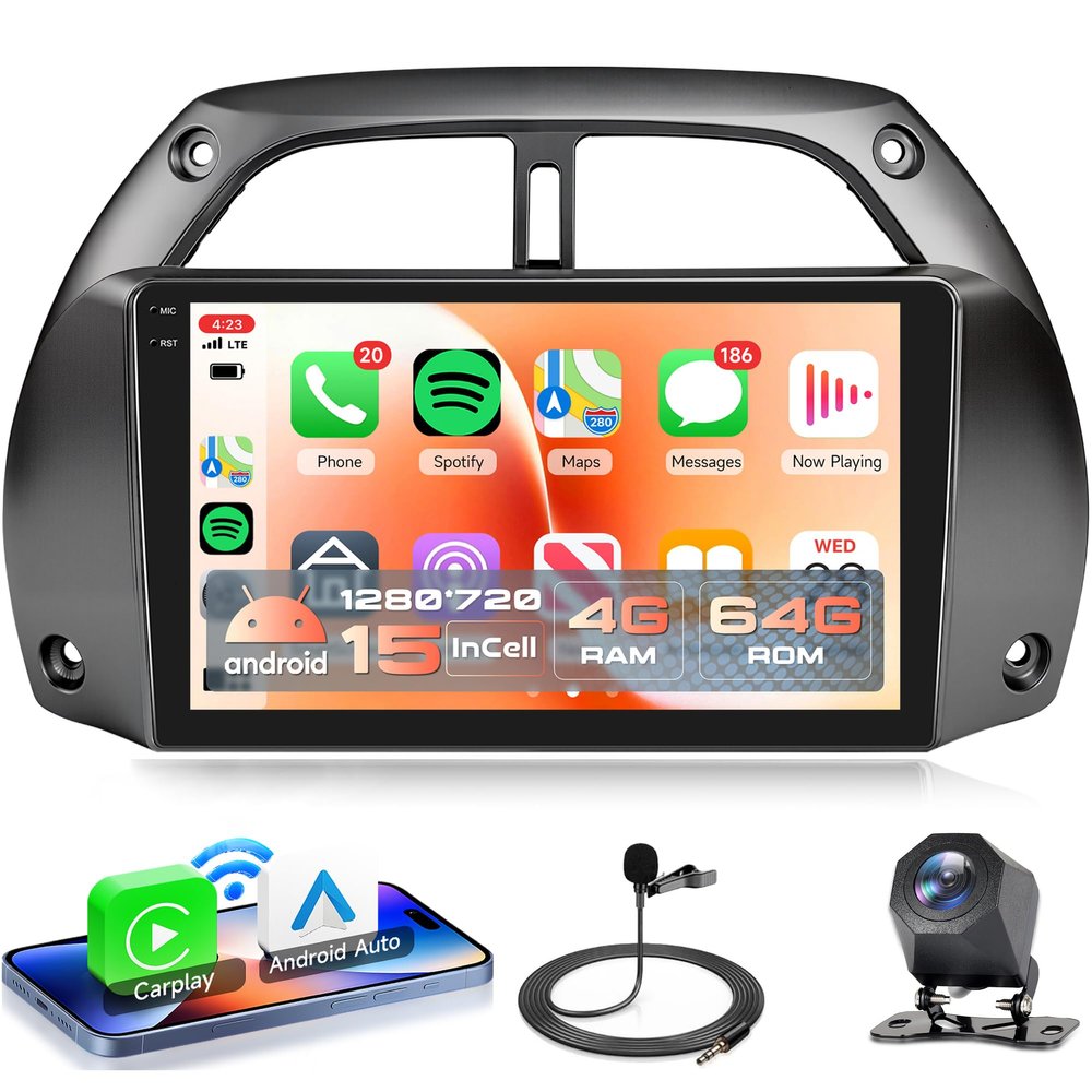 4Core 4G+64G Android 15 Car Radio for Toyota RAV4 2001-2006, Rimoody Car Stereo Wireless Carplay Andorid auto Mirror Link 9'' INCELL Touchscreen GPS WiFi Bluetooth 5.0 FM/RDS EQ-32 SWC Backup Camera