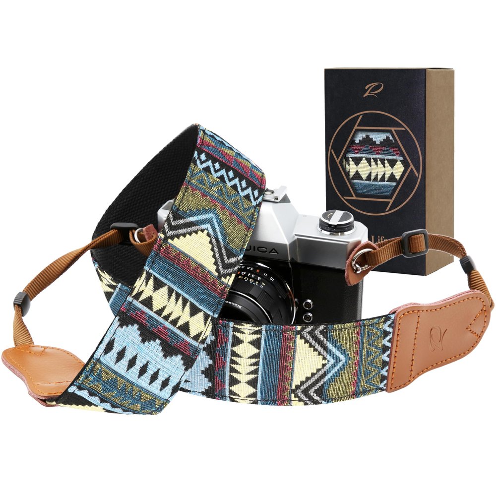 Padwa Lifestyle Camera Strap - 2" Cowhide Head Camera Straps for Photographers,Vintage Jacquard Embroidery Woven Cotton Adjustable Shoulder Neck Straps for Cameras,BinocularsCool Ethnic Style Green