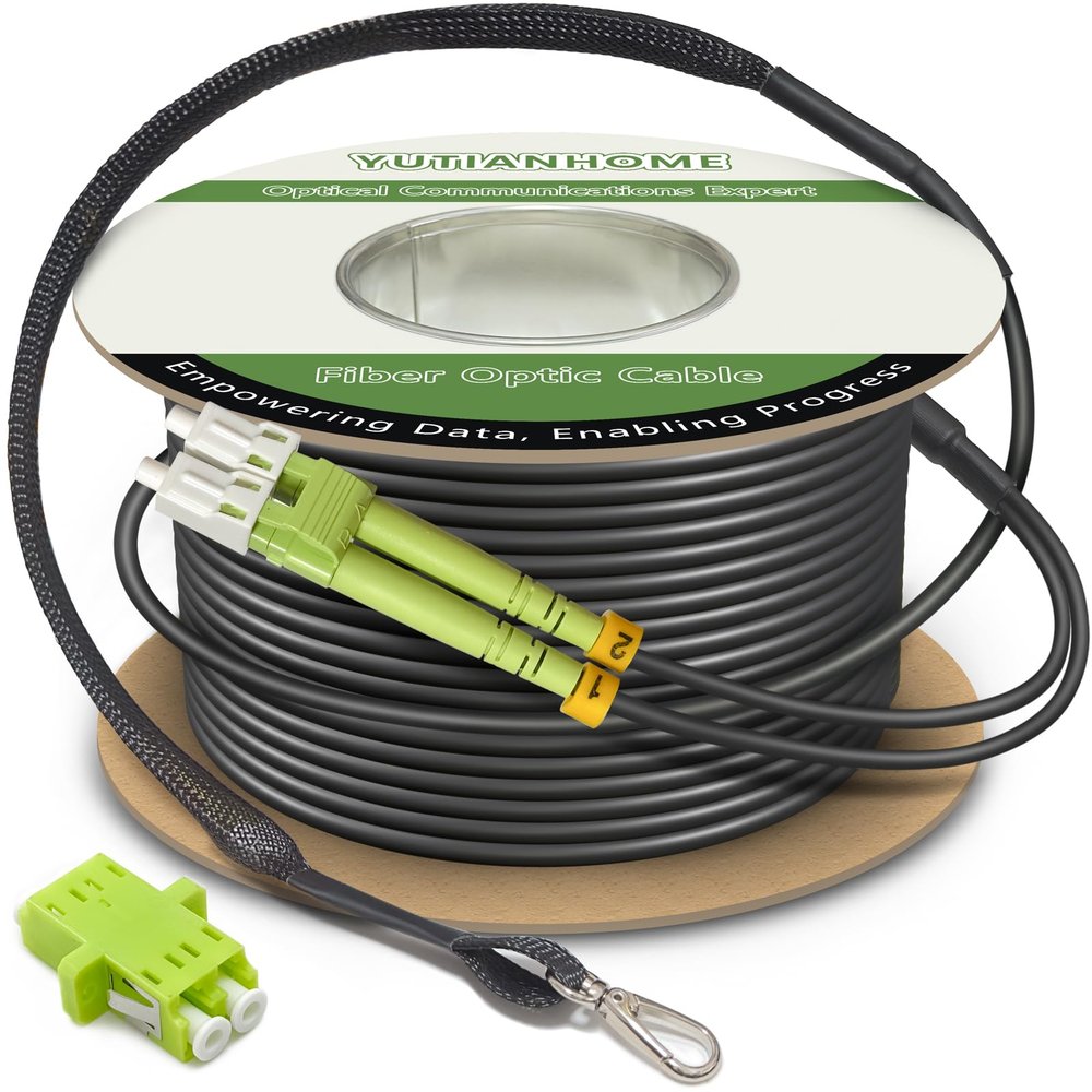 1000ft/300m OD-5mm Industrial TPU 40Gb OM5 Fiber LC to LC Outdoor Armored Fiber Patch Cable, Duplex Multimode Wideband Fiber Optic Cable, 50/125, LC-LC with Pulling Eye Kit Installed on one end