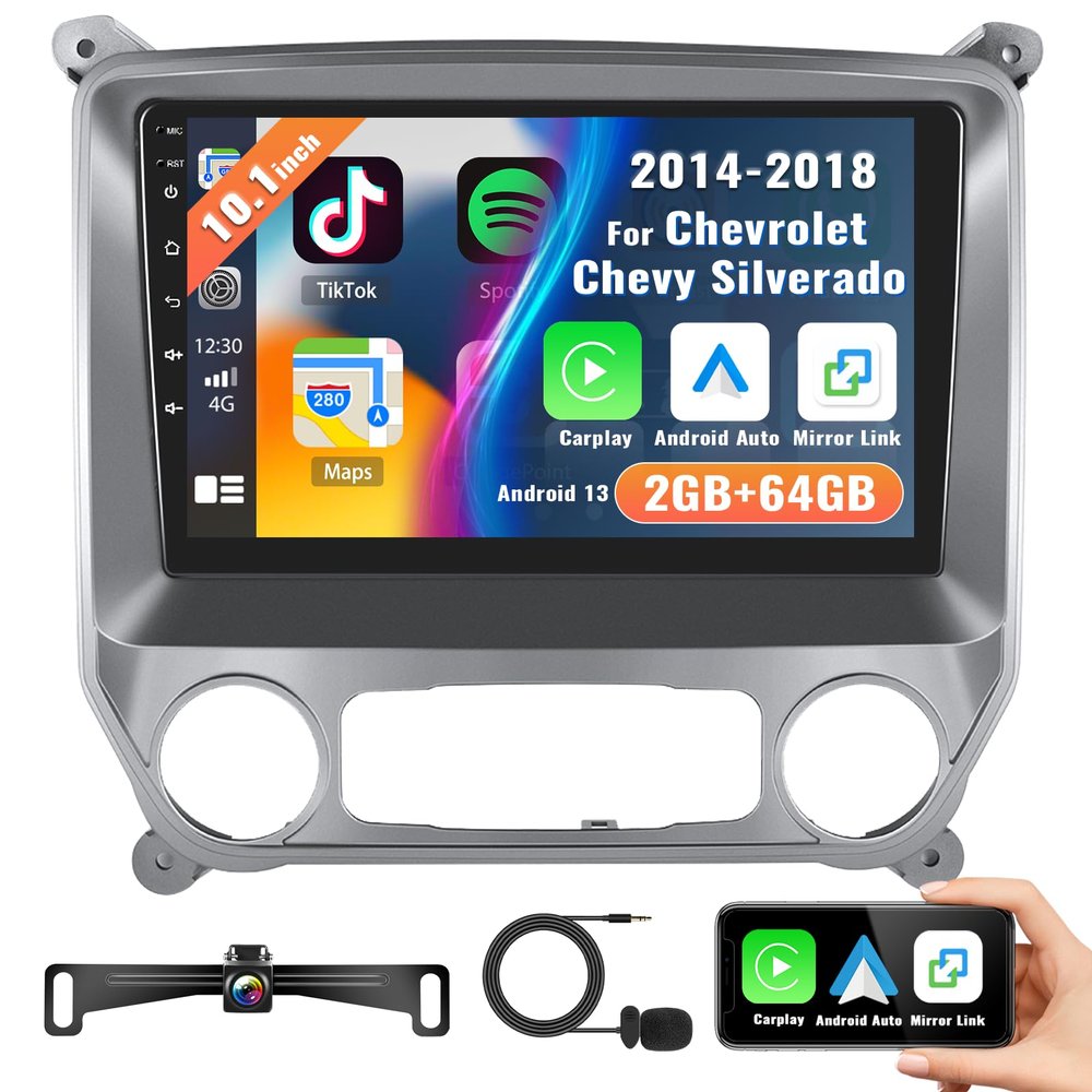 2+64G Android 13 Car Stereo for Chevrolet Silverado GMC Sierra 2014-2018,Wireless CarPlay & Android Auto Radio, Support GPS Navigation Bluetooth 10.1Touchscreen Mirror Link FM WiFi Backup Camera Mic