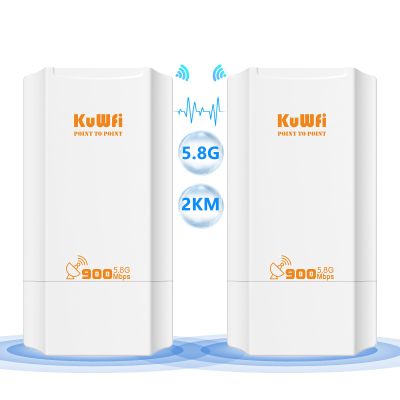 KuWFi 5.8G 2KM Point to Point Wireless Bridge for Outdoor use can Extend The Range of Starlink Router Signal with a 100Mbps Ethernet Bridge 2-Pack pre-configured for WiFi Coverage and CCTV Projects