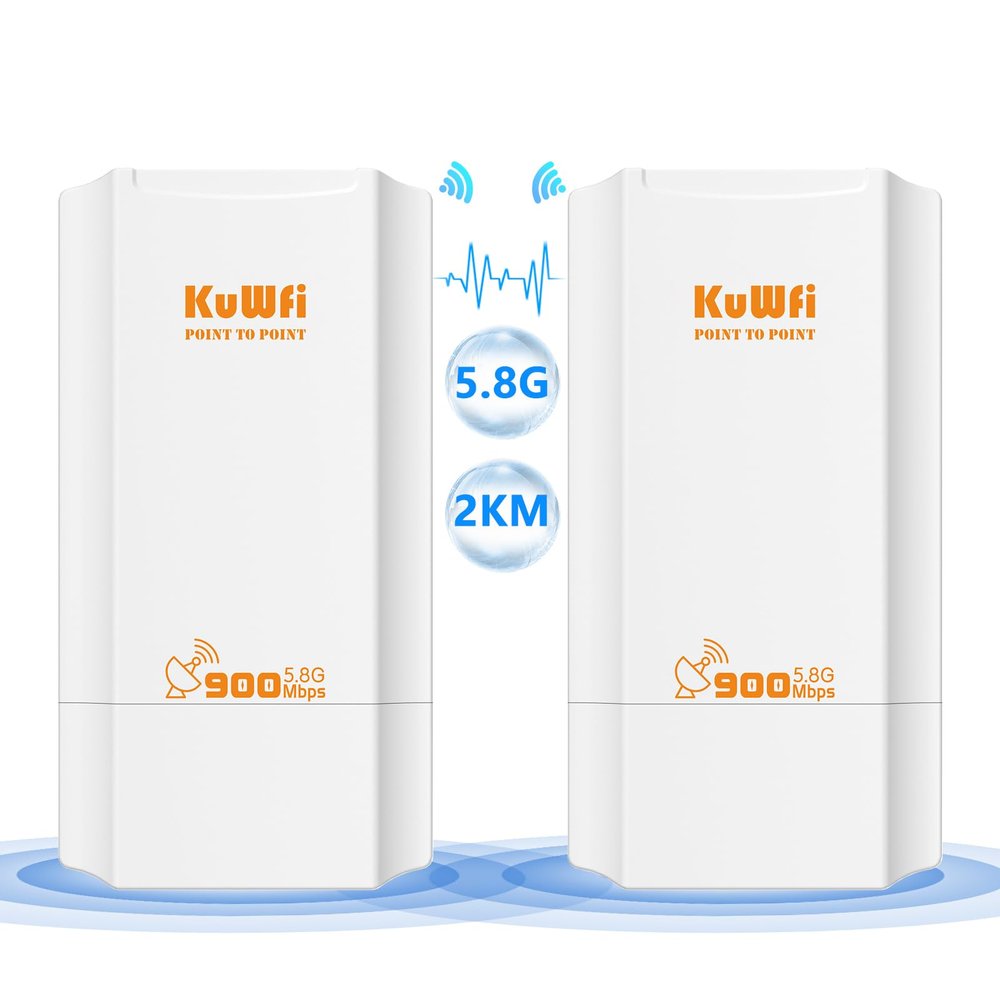 KuWFi 5.8G 2KM Point to Point Wireless Bridge for Outdoor use can Extend The Range of Starlink Router Signal with a 100Mbps Ethernet Bridge 2-Pack pre-configured for WiFi Coverage and CCTV Projects