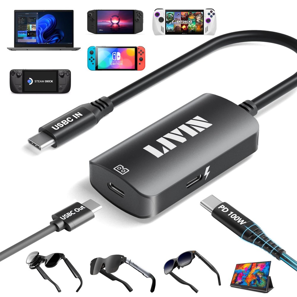 LIVIN   USB C to Portable MonitorAR Glasses XREAL OneAir 2 Pro/VITURE Pro/RayNeo Air 2s/Rokid,4K@60Hz+PD 100W,USB C to Type C Adapter iPhone15/16AndroidPCSwitchSteam Deck