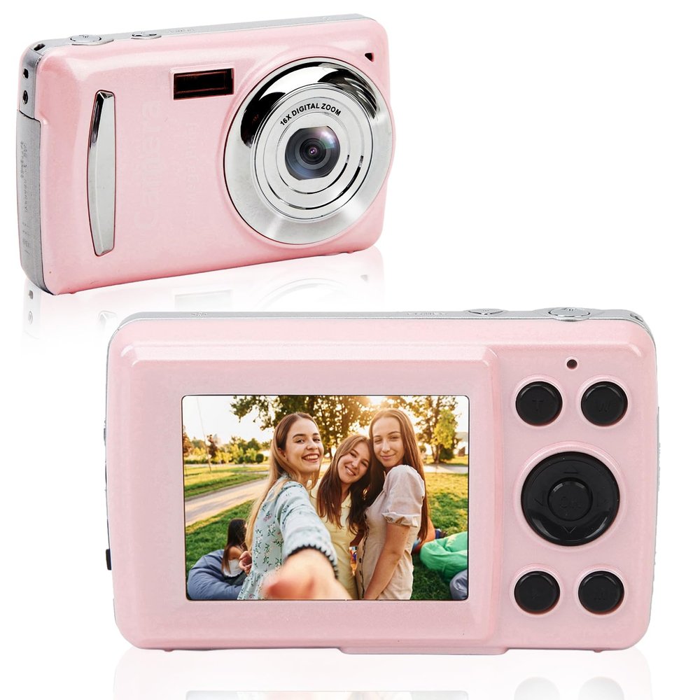 FHD 1080P Digital Kids Camera Auto Focus, 2.4 16MP 16X Digital Zoom Portable Mini Camera, Anti Shake Vlogging Selfie Cameras for Boys Girls Kids Teens (Rose)