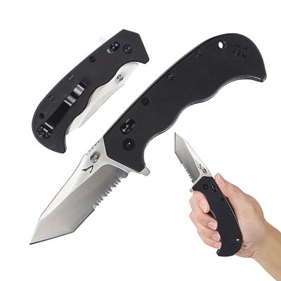 Dentuso Serrated Folding Knife, 3" Sharp AUS-8 Blade, 7.5" Total Length, Textured G10 scale, Crossbar Lock, Reversible Clip, Ball Bearing Pivot, Premium Survival Pocket Knife, Ideal for Hunting, Camping, EDC, Serrated Tanto