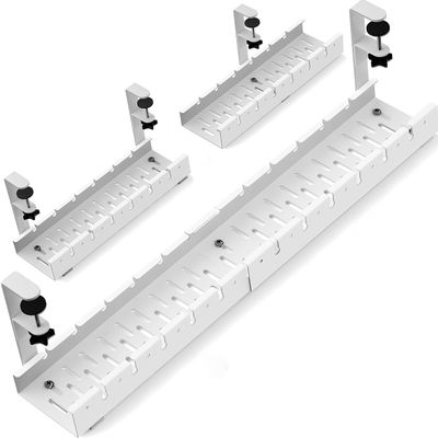 No Drilling Under Desk Cable Management, Metal Cable Management Tray Under Desk with Clamp, Retractable Power Strip Cord Holder for Wire Management 31Inch (2 Pack White)