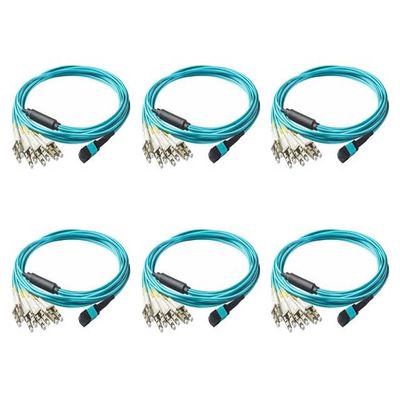 SpeedyFiberTX 6-Pack 200 Feet Low Loss Non-Pinned MPO to 8xLC Fiber Breakout Harness Cable, OM3 Corning ClearCurve Fiber, Aqua Riser OFNR Cable Jacket | MTP Compatible
