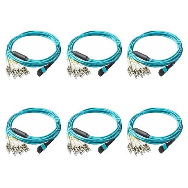 SpeedyFiberTX 6-Pack 200 Feet Low Loss Non-Pinned MPO to 8xLC Fiber Breakout Harness Cable, OM3 Corning ClearCurve Fiber, Aqua Riser OFNR Cable Jacket | MTP Compatible