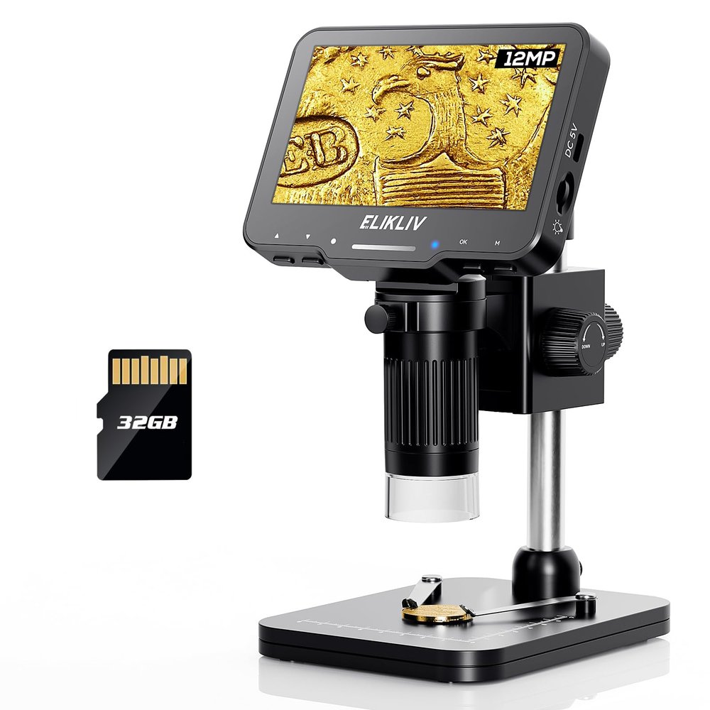 Elikliv Microscope, LCD Digital Coin Microscope 1000x, Coin Magnifier for Error Coin with 8 Adjustable LED Lights, PC View Compatible with Windows, EDM4 Max, 4.3 Inch, Black