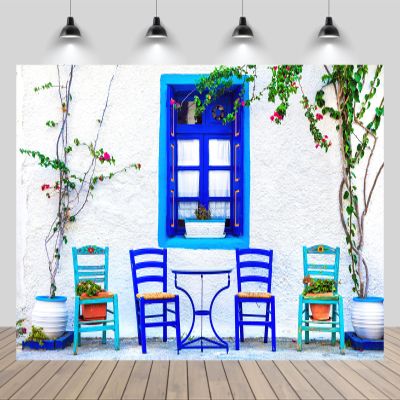 chnywork 7x5ft Greece Spring Street Backdrop Traditional Greek White Brick House Blue Wooden Window Chairs Plants Background Europe Greece Travel Party Decor Birthday Wedding Photo Studio Props
