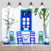 chnywork 7x5ft Greece Spring Street Backdrop Traditional Greek White Brick House Blue Wooden Window Chairs Plants Background Europe Greece Travel Party Decor Birthday Wedding Photo Studio Props view 1