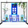 chnywork 7x5ft Greece Spring Street Backdrop Traditional Greek White Brick House Blue Wooden Window Chairs Plants Background Europe Greece Travel Party Decor Birthday Wedding Photo Studio Props view 3