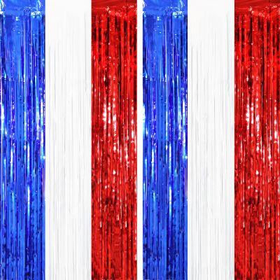 Voircoloria Red White Blue Foil Fringe Backdrop Curtains,3.3x6.6ft, 2 Pack
