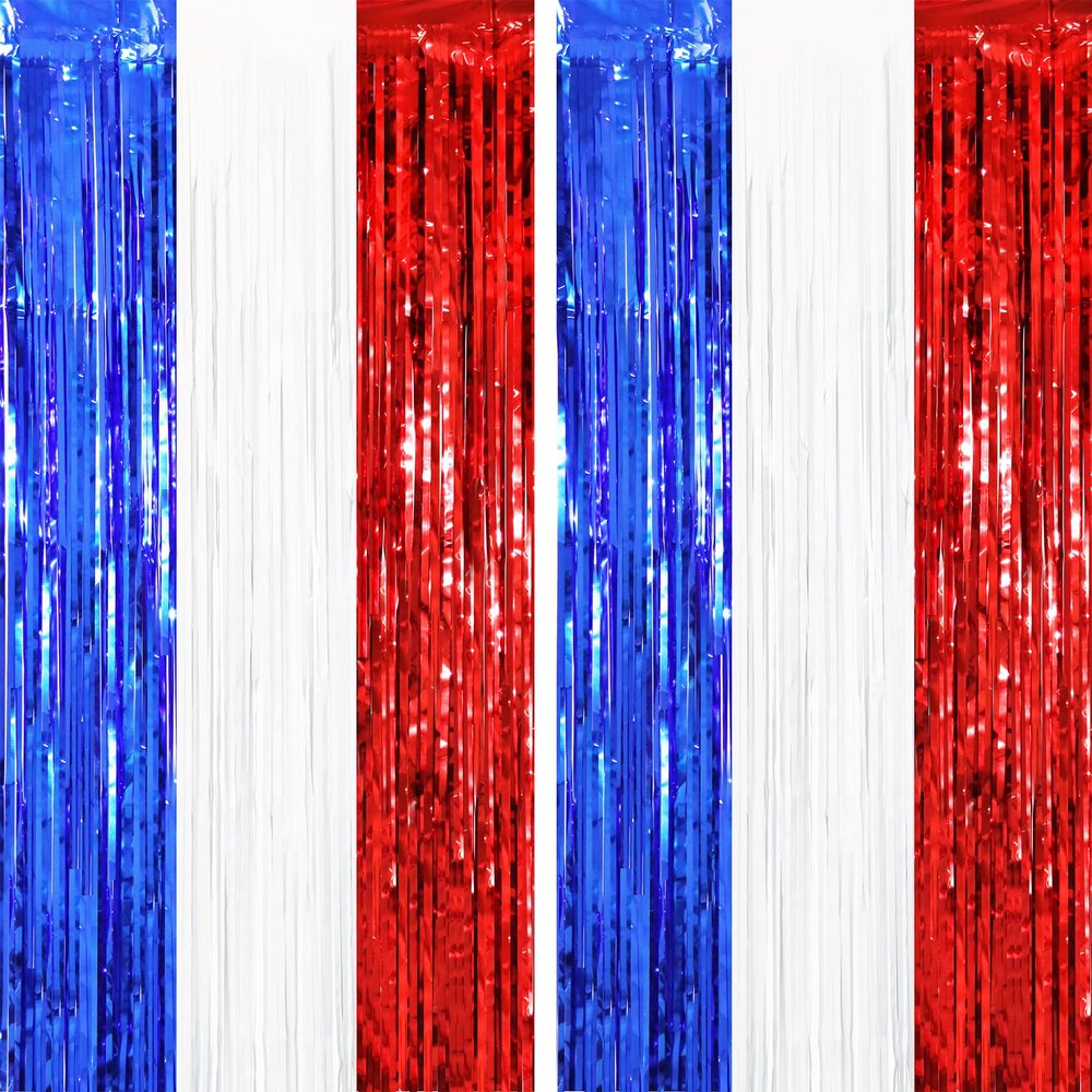 Voircoloria Red White Blue Foil Fringe Backdrop Curtains,3.3x6.6ft, 2 Pack