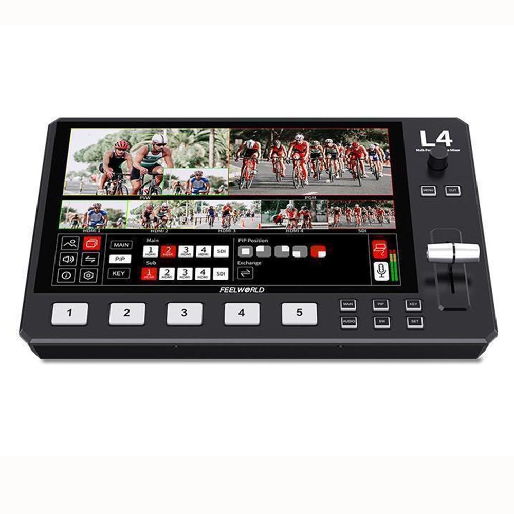 FEELWORLD L4 5 Channel HD Video Switcher Multi Camera Video Mixer with 10.1" inch LCD Touch Screen 4 HDMI and one SDI inputs for Live Streaming