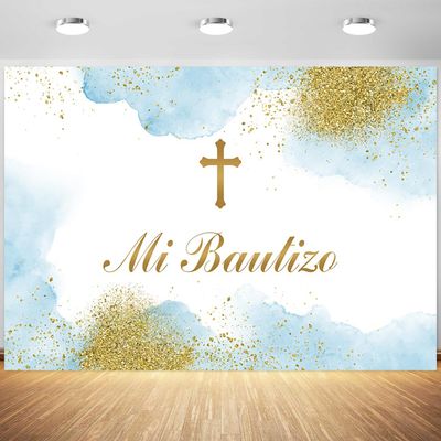 12x8ft Mi Bautizo Backdrop Blue Gold Spots Photography Background Boys First Holy Communion Baptism Baby Shower Party Banner Decoration Supplies Photo Booth Props