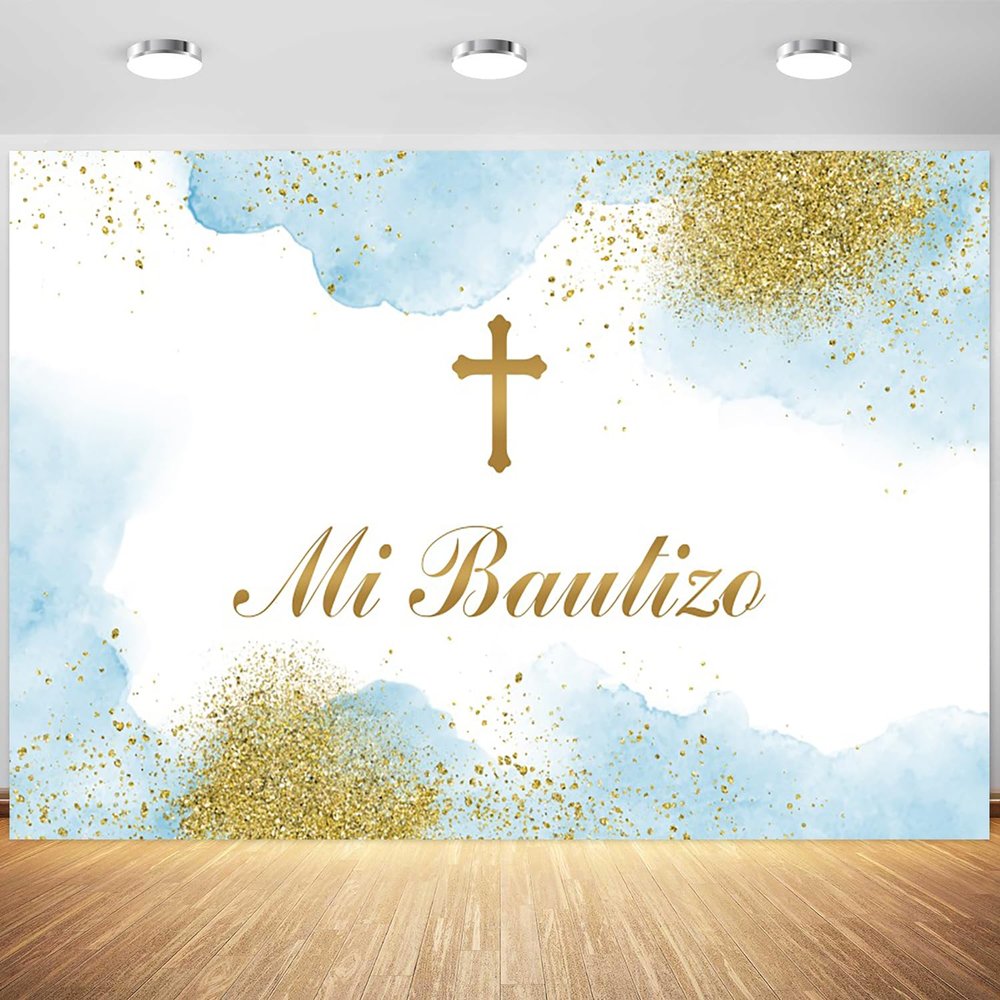 12x8ft Mi Bautizo Backdrop Blue Gold Spots Photography Background Boys First Holy Communion Baptism Baby Shower Party Banner Decoration Supplies Photo Booth Props