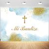 12x8ft Mi Bautizo Backdrop Blue Gold Spots Photography Background Boys First Holy Communion Baptism Baby Shower Party Banner Decoration Supplies Photo Booth Props view 1