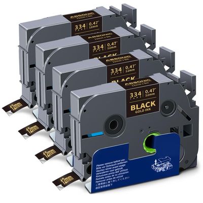 Absonic 4-Pack Tz-334 Gold on Black Label Tape Replace for Brother Tze-334 Tze334 P Touch Tz Tze 12mm 0.47" Laminated Black 1/2 Inch Tape for PTD220 PTH110 PTD210 PTD400 PTP710BT PTD200 Label Maker