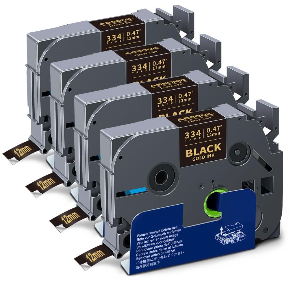 Absonic 4-Pack Tz-334 Gold on Black Label Tape Replace for Brother Tze-334 Tze334 P Touch Tz Tze 12mm 0.47" Laminated Black 1/2 Inch Tape for PTD220 PTH110 PTD210 PTD400 PTP710BT PTD200 Label Maker