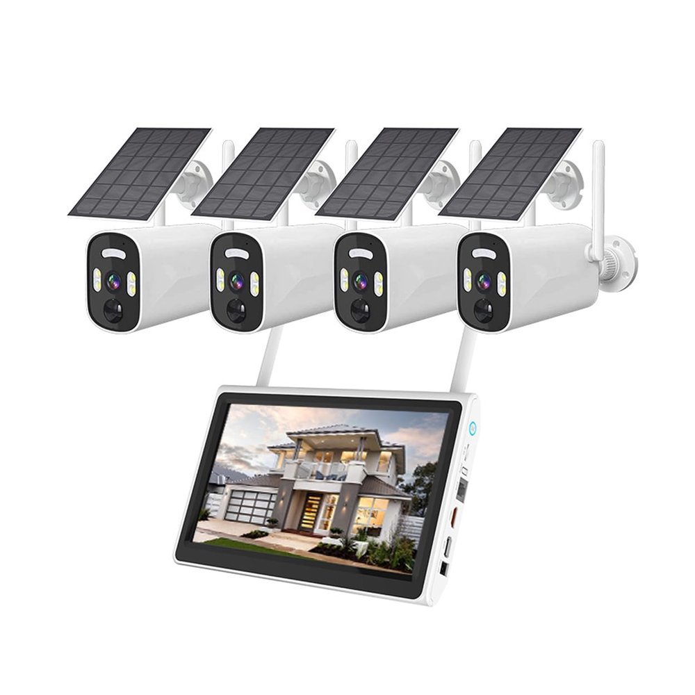 AKAVIG 4CH Outdoor 4MP Solar Power Security Camera System with LCD Monitor, Wireless WiFi Low Power Surveillance NVR Kit with Color Night Vision, 2-Way Audio, Motion Detection