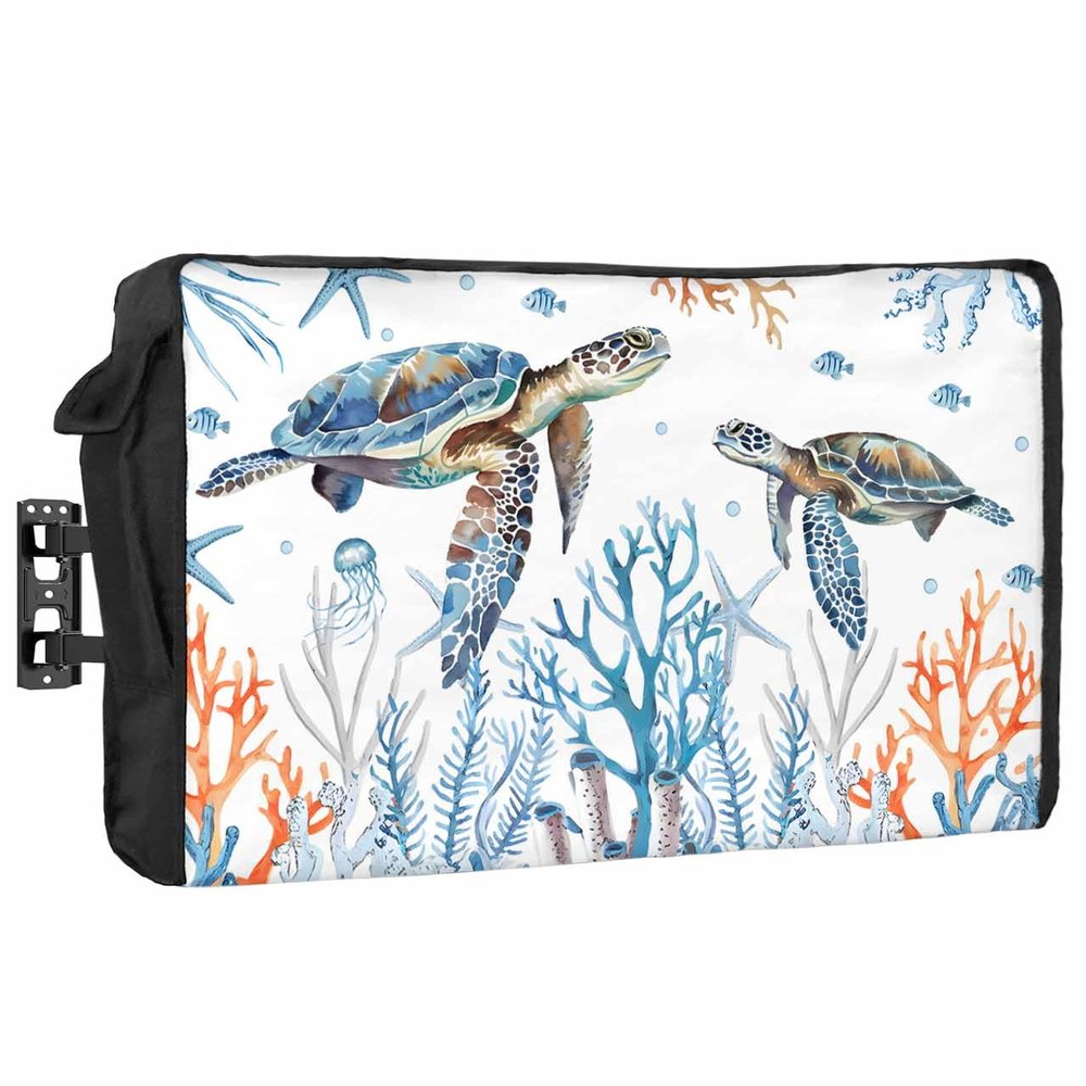 DecorLovee Outdoor TV Cover 52 to 55 Inches Weatherproof & Waterproof, Blue Sea Turtle Outdoor TV Enclosure with Remote Control Pocket, Ocean Coral Nautical Costal TV Screen Protectors for Outside TV