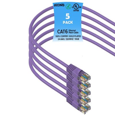 AEONS 10Gbps Snagless Cat 6 Ethernet Patch Cable 2 ft LAN UTP Cat6 RJ45 Internet Network Cable for Patch Panel Switch, Gold Plated UL Listed, Purple (5-Pack)