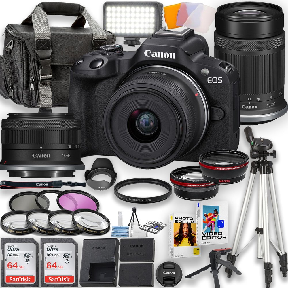 Canon EOS R50 Mirrorless Camera with 18-45mm and 55-210mm Lenses, LED Video Light, 2x 64GB Memory Cards, Accessories (Black)