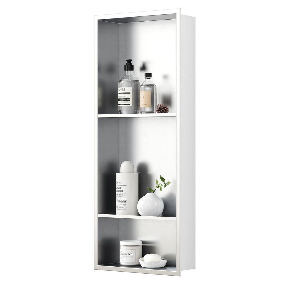 Neodrain 12X30 Inch Brushed Three Layers Stainless Steel Shower Niche, NO Tile Needed Recessed Niche Shelf for Bathroom Storage, 3-Tier Recessed Built-in Wall Niche
