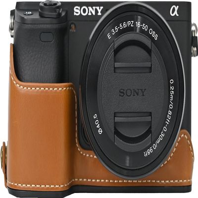 A6400 Case, BMAOLLONGB Handmade PU Leather Half Camera Case Bag Cover Bottom Opening Version for Sony Alpha A6400 with Hand Strap (Brown)