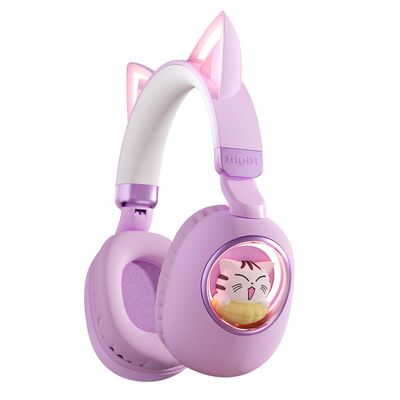 Cat Ear Bluetooth Headphones for Kids, Wireless 3D Cat Capsule Headsets for Kids Foldable Stereo Girls Over-Ear Headphones, RGB Light, Noise Cancelling Mic for Gaming/Traveling/Music (purple)