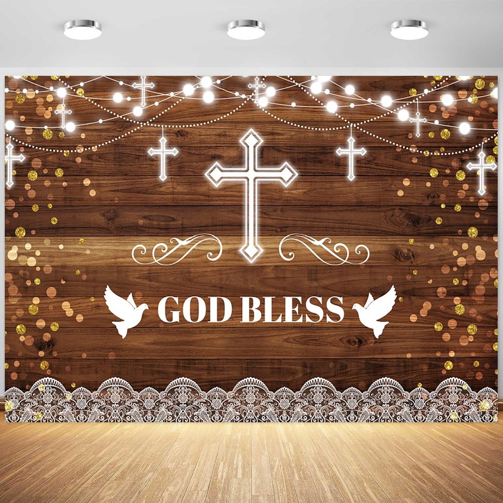 10x6.5ft God Bless Backdrop My Baptism Rustic Wood Photography Background Newborn Baby Shower First Holy Communion Party Banner Decoration Supplies Photo Booth Props