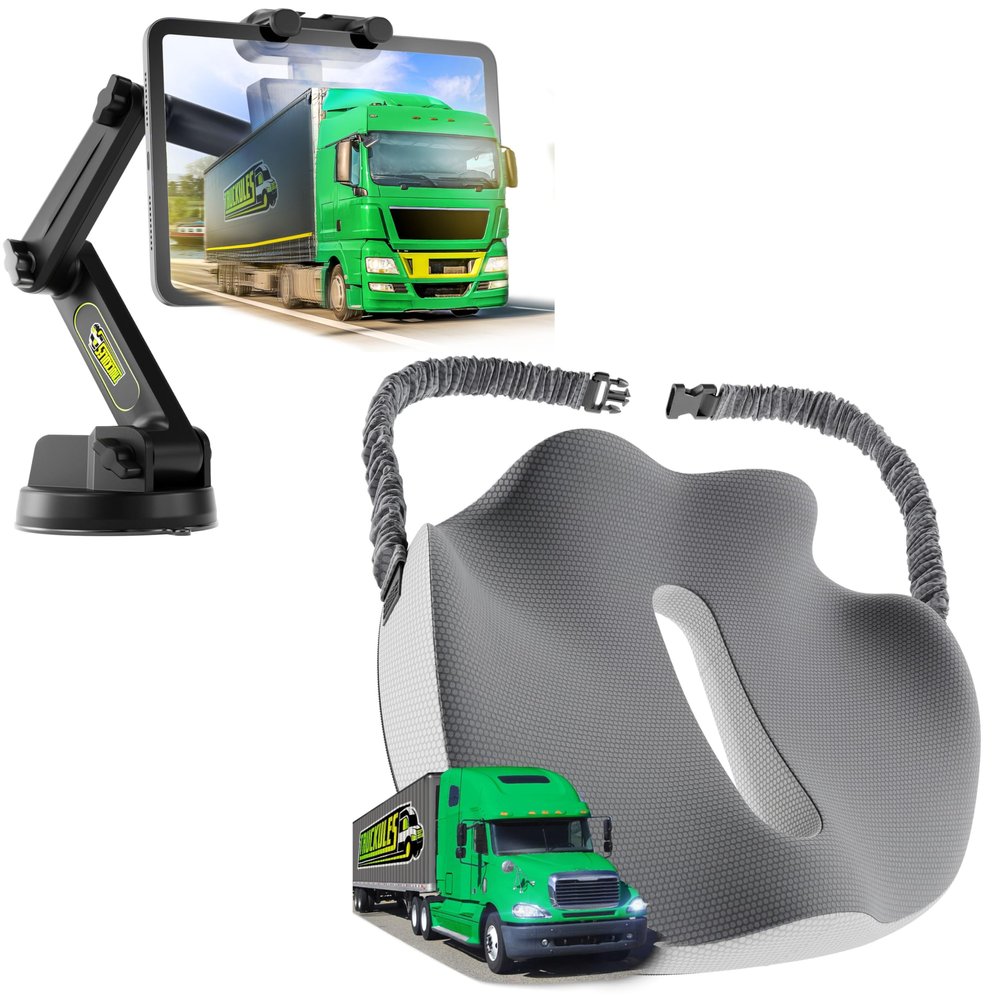 Commercial Truck Tablet Mount & Truck Seat Cushion, Heavy Duty Tablet & iPad Holder Compatible for Dashboard Windshield Window & Ultimate Memory Foam Trucker Seat Cushion (1 TM & 1 SC)