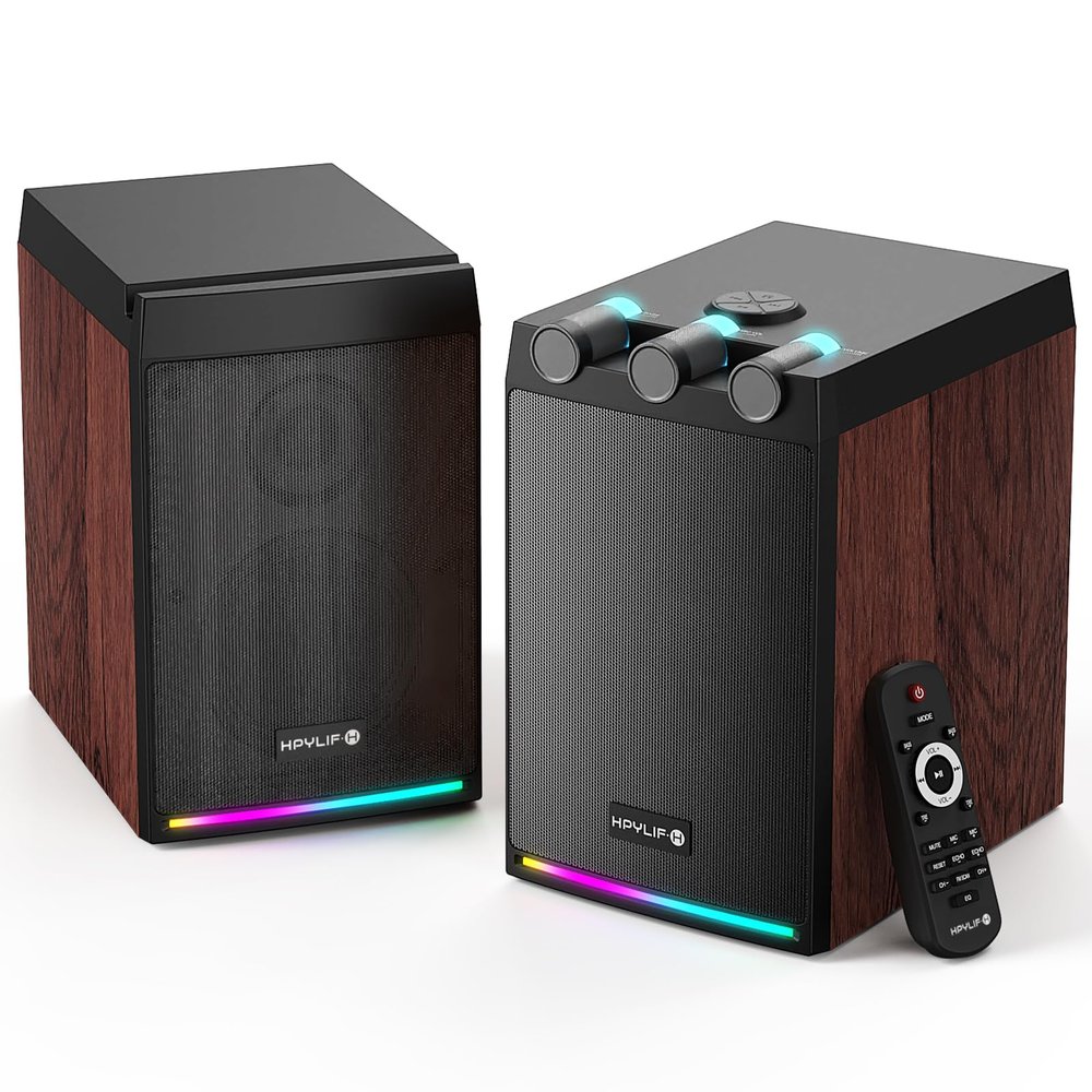 SWTOIPIG 100W Powered Bluetooth Bookshelf Speakers,2.0 Wireless HiFi Speaker with Subwoofer and Led Light,Dynamic 3D Surround Sound,for Home Music,Vinyl Records, Home Theatre, Gaming,TV -Wood Grain
