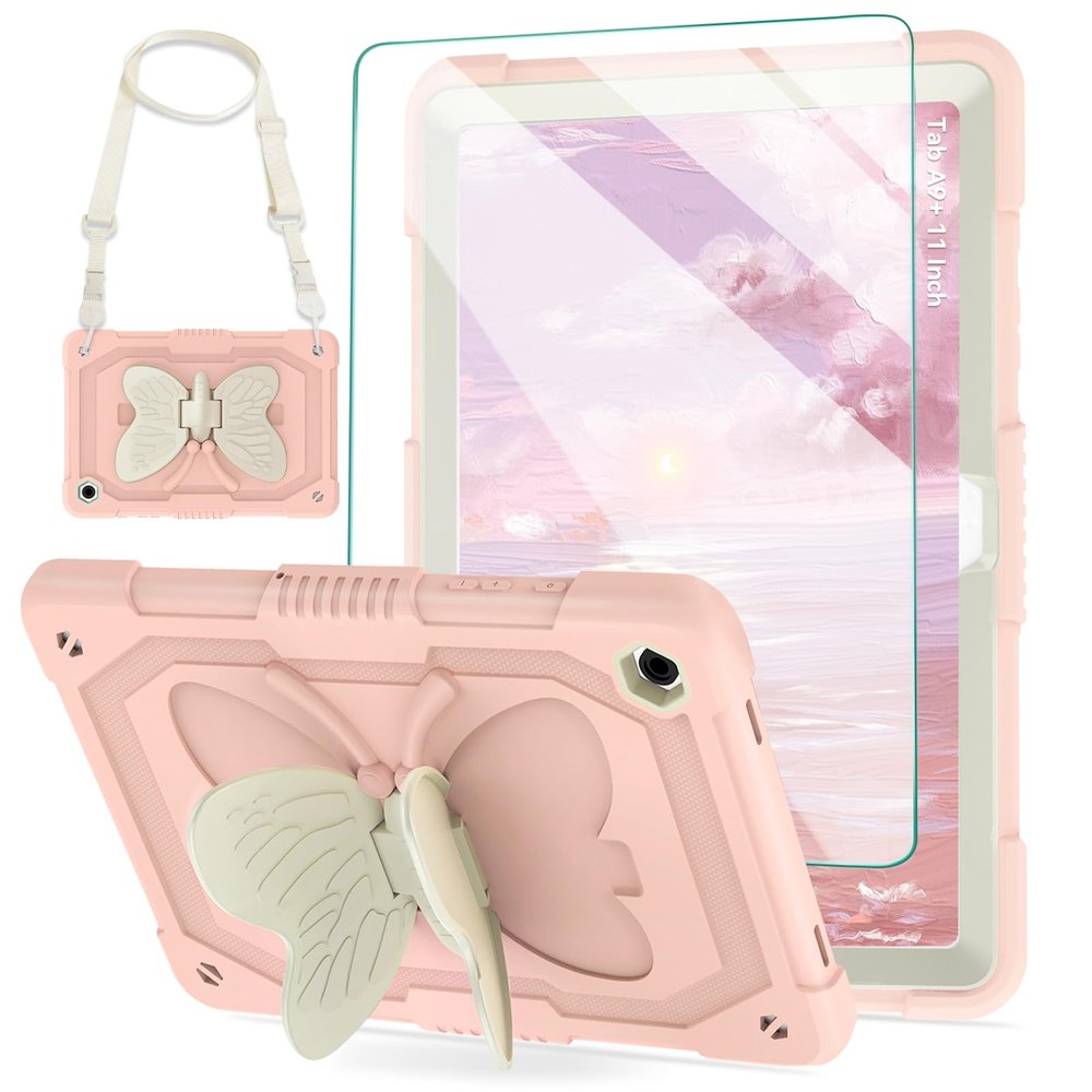 ACEMO for Samsung Galaxy Tab A9 Plus Case 11 Inch 2023 with Screen Protector, Butterfly Kickstand, Shoulder Strap Cute for Kids Rugged Cover for Galaxy Tab A9+ (SM-X210/X216/X218) Pink
