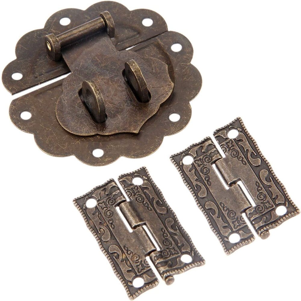 KJBIKBZPK Antique Hinges,Bronze Decorative,Wooden Box Hinge,Furniture Hardware Set Toggle Latch Hasp Buckle Clasp Decorative Chinese Old Padlock Lock for Jewelry Wooden Box 58mm Butt Hinges