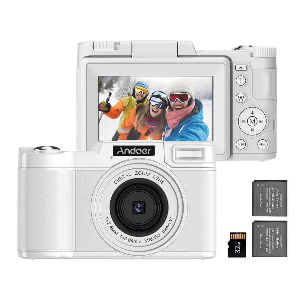 Andoer Digital Camera 48MP 4K Portable with 3.0 Inch TFT Screen Ultra HD Zoom 16x Anti-Vibration for Photography Video Camera with 2 Batteries 32GB Memory Card