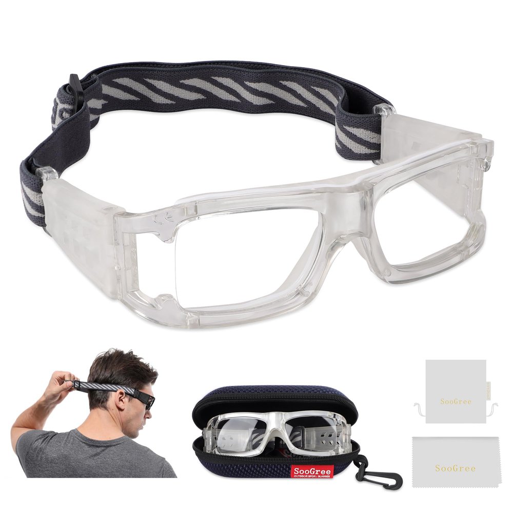 SooGree Sports Goggles Glasses Protective Safety Basketball Football Sport Glasses Men Shock Collision Adjustable Glasses (Clear frame White)