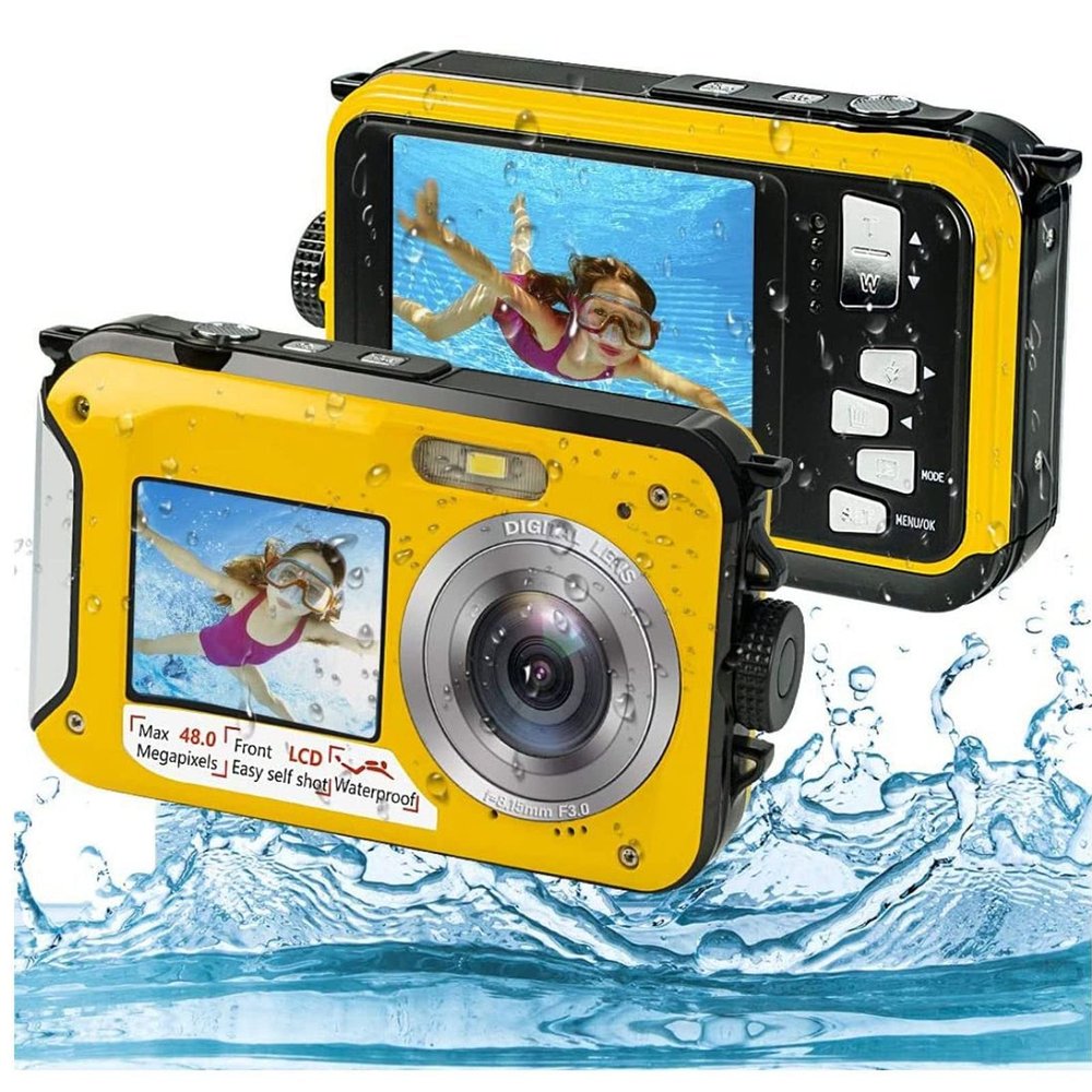 Underwater Camera, 10ft Camera, Full HD 2.7K 48MP, 16X Digital Zoom, Underwater Digital Camera with Selfie Dual Screen, DV Digital Camera for Snorkeling (Yellow)
