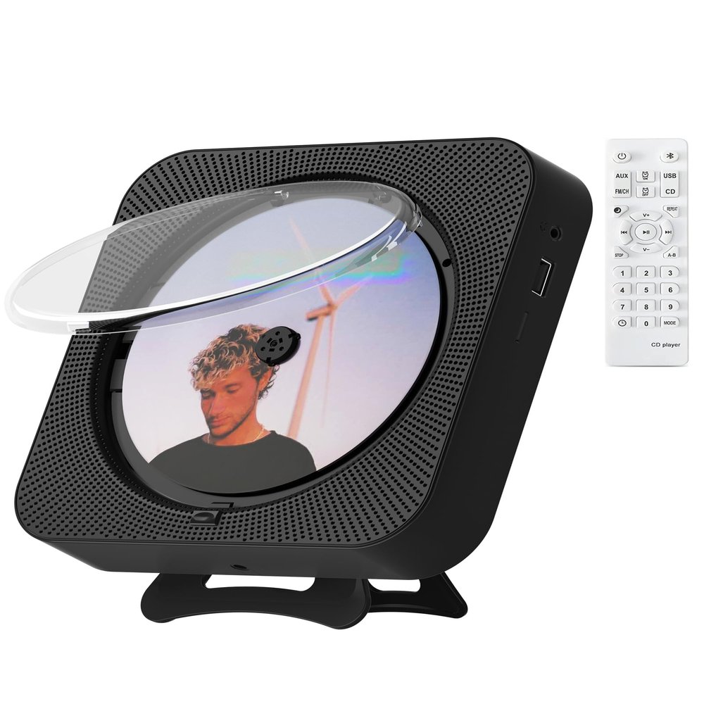 CD Player Portable Bluetooth Desktop CD Player for Home, Mini Cute CD Players for Kids, Built-in Dual Speakers and LED Display with Remote Control, Supports CD/FM Radio/USB/AUX/Timer/Repeat (Black)