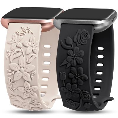 TOYOUTHS 2 Pack Compatible with Fitbit Versa Watch Bands Women Floral Engraved Soft Silicone Dressy Embossed Flower Strap Replacement for Versa 2 Special Edition, Starlight+Black