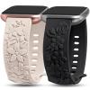 TOYOUTHS 2 Pack Compatible with Fitbit Versa Watch Bands Women Floral Engraved Soft Silicone Dressy Embossed Flower Strap Replacement for Versa 2 Special Edition, Starlight+Black view 1
