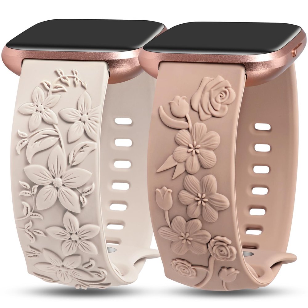 TOYOUTHS 2 Pack Compatible with Fitbit Versa Watch Bands Women Floral Engraved Soft Silicone Dressy Embossed Flower Strap Replacement for Versa 2 Special Edition, Starlight+Nude