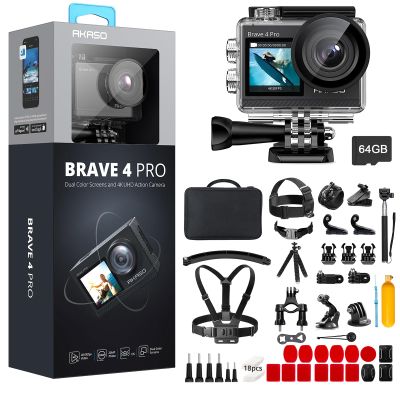 AKASO Brave 4 Pro Action Camera 4K 30fps with 64GB MicroSDXC Memory Card and 60 in 1 Accessories Kit