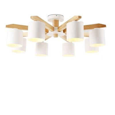 SteFik Simple 8-Lights Wooden Chandeliers White Lamps Solid Wood Living Room - Light Learn The Bar with Very Simple Ceiling Pendant Lamp E27 Lighting Device,Pendant