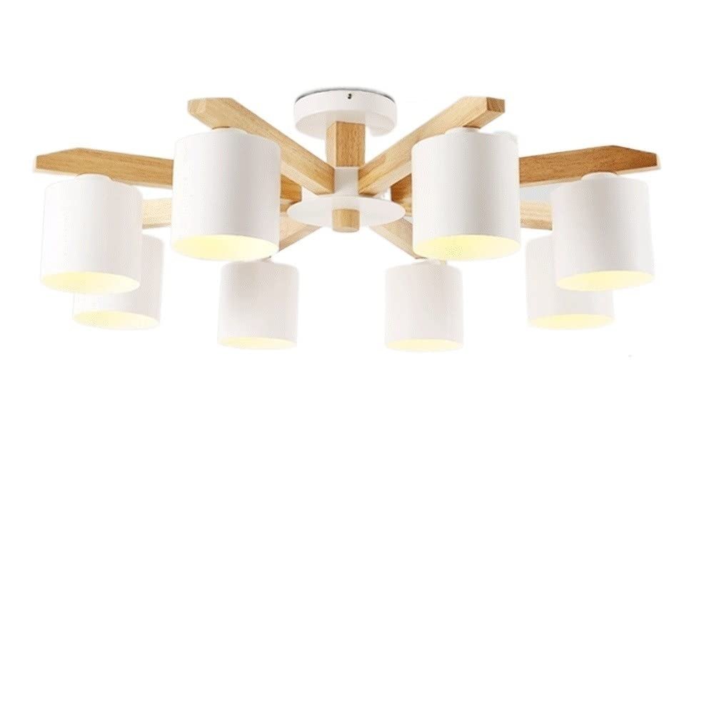 SteFik Simple 8-Lights Wooden Chandeliers White Lamps Solid Wood Living Room - Light Learn The Bar with Very Simple Ceiling Pendant Lamp E27 Lighting Device,Pendant