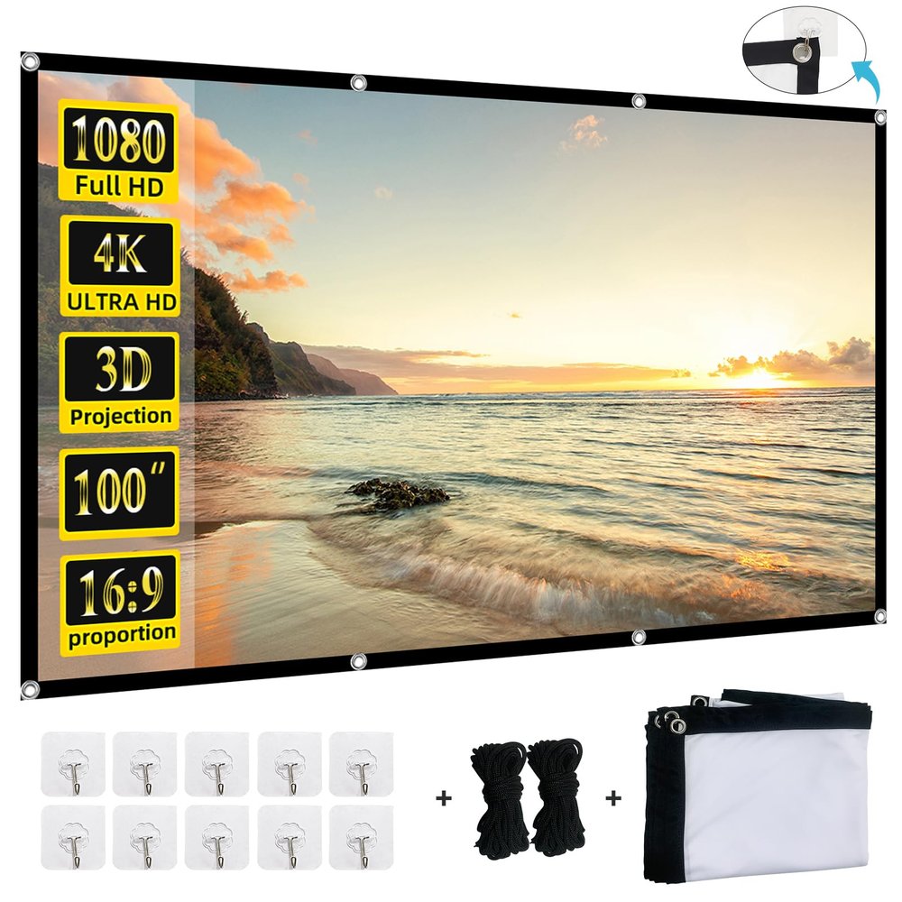 XINLEMY 100-inch Projector Screen 4K 16:9 HD Foldable Washable Portable Projection Movies Screens Support Double Sided Projection for Home Theater Backyard Outdoor Indoor