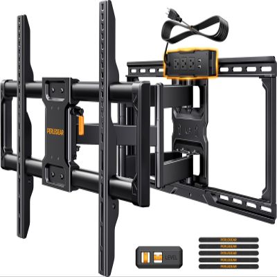 Perlegear Full Motion TV Wall Mount with Power Strip for 4290 Inch TVs up to 150 lbs, Pre-Assembled TV Mount Has Smooth Swivel, Tilt, Extension, Max VESA 600x400mm, 12/16/24 Wood Studs, PGLF11